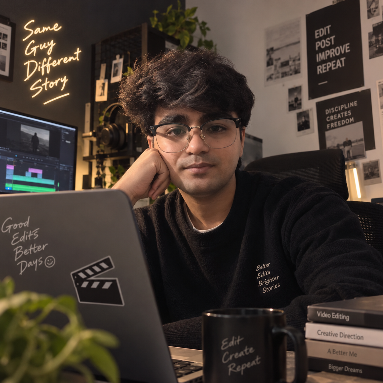 Lovish Narula at his video editing desk